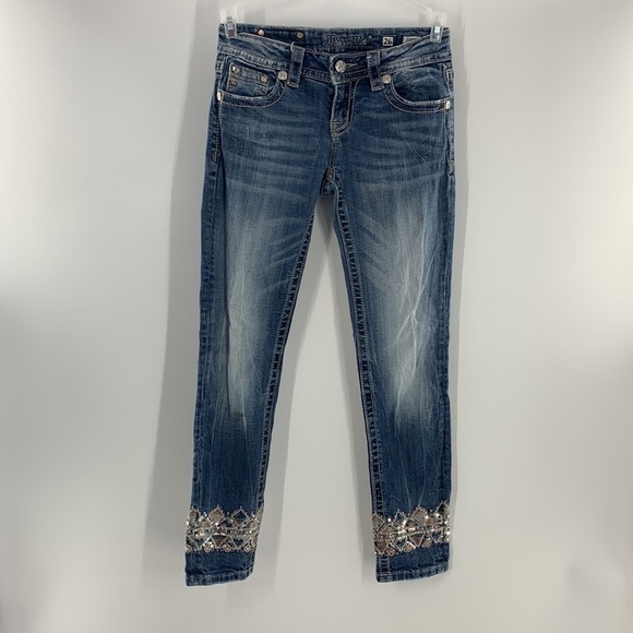 MISS ME DIVINE SIGNATURE DENIM JEANS CUFFED SKINNY DARK WASH AZTEC 26 - Picture 1 of 15
